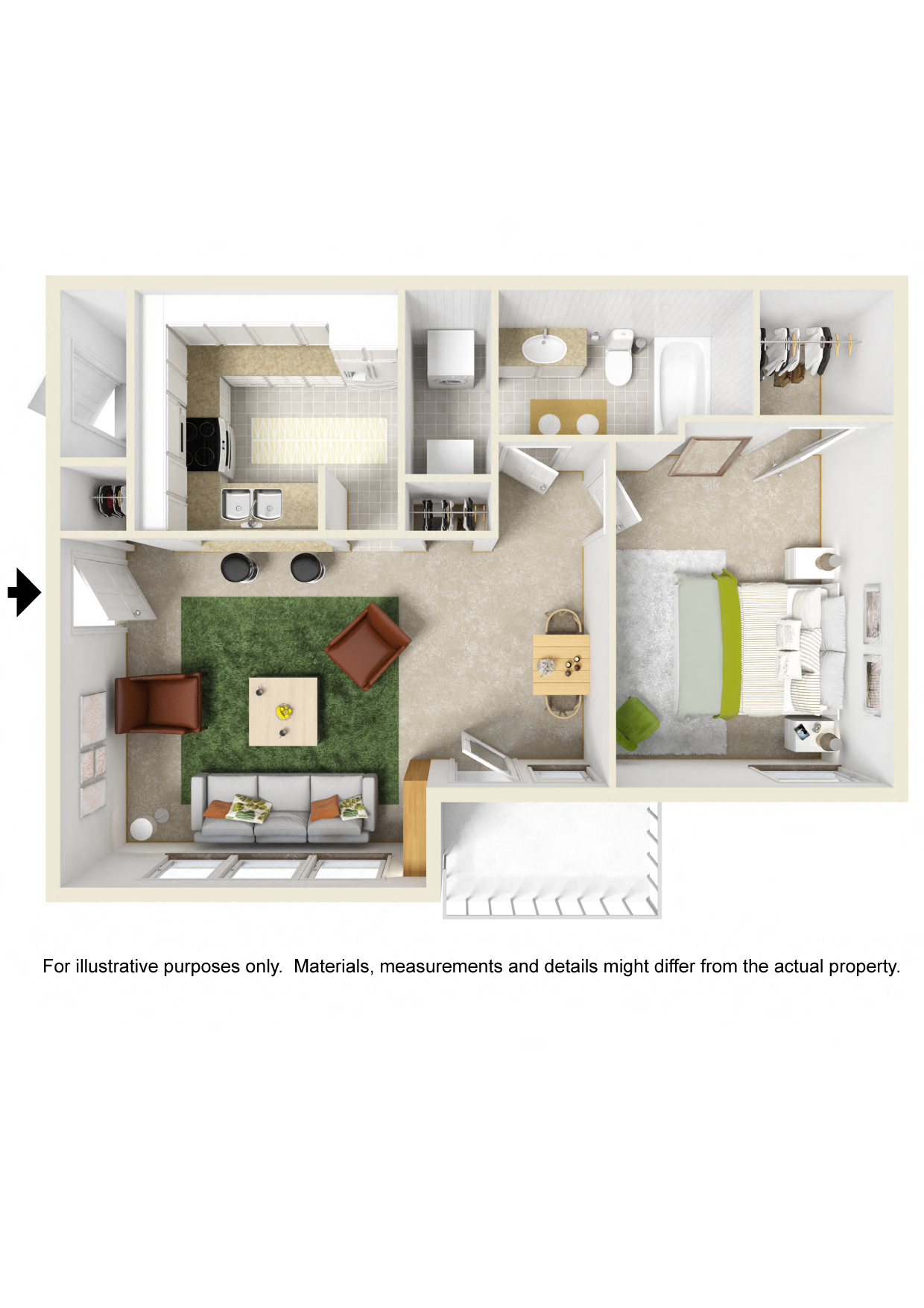 Floor plan for 1 bed, 1 bath, 725 sqft